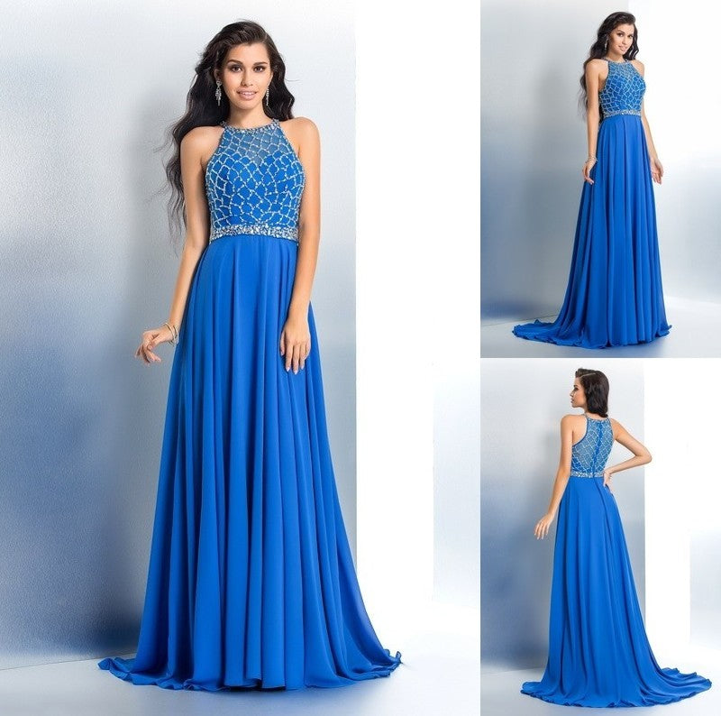 A-Line/Princess Beading Long Scoop Sleeveless Chiffon Dresses