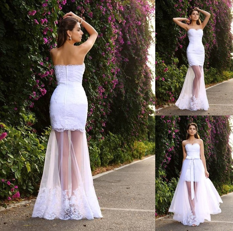 Trumpet/Mermaid Long Sweetheart Applique Sleeveless Tulle Wedding Dresses