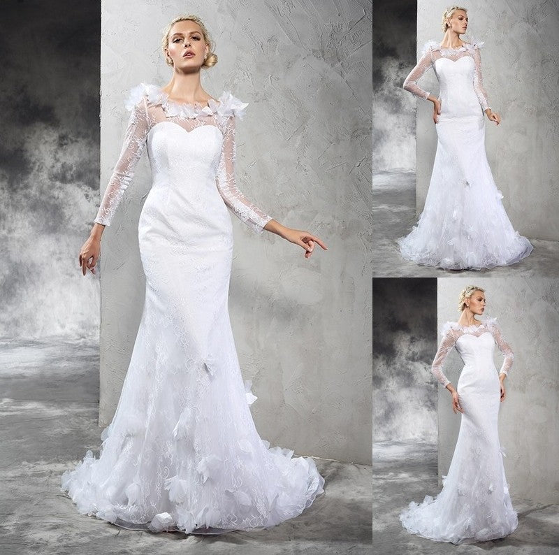 Hand-Made Long Long Sheer Neck Flower Sleeves Sheath/Column Satin Wedding Dresses