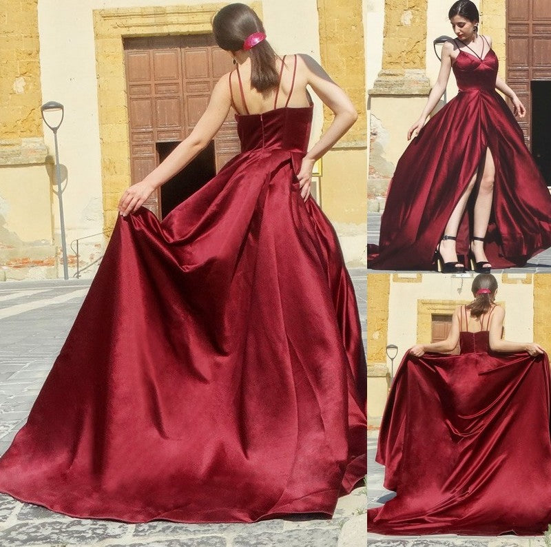 A-Line/Princess Sleeveless Ruffles Straps Spaghetti Satin Sweep/Brush Train Dresses