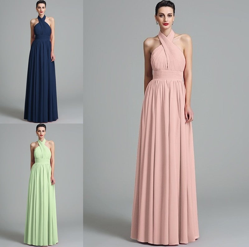 Sleeveless A-Line/Princess Long Halter Ruffles Chiffon Bridesmaid Dresses