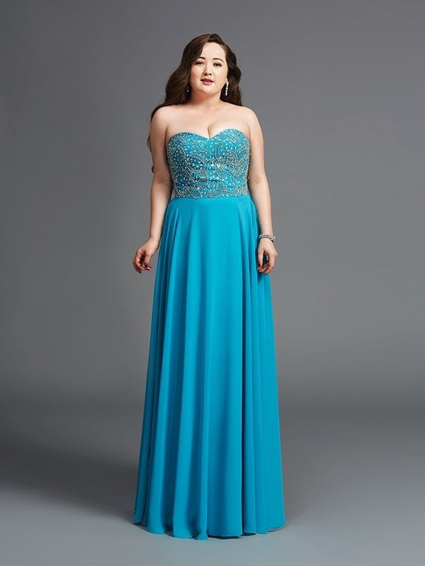 Sleeveless Beading Long Sweetheart A-Line/Princess Chiffon Plus Size Dresses