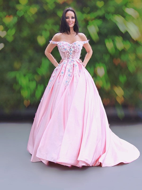 A-Line/Princess Sleeveless Off-the-Shoulder Satin Applique Sweep/Brush Train Dresses