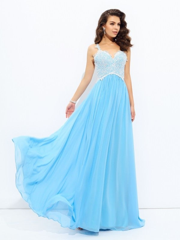 Sleeveless A-Line/Princess V-neck Lace Long Chiffon Dresses