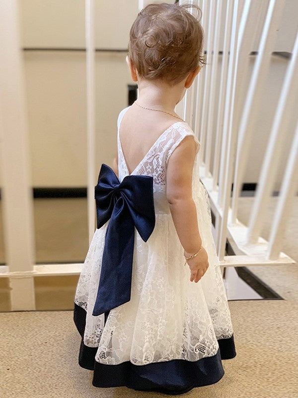 Bowknot Scoop Lace Sleeveless A-Line/Princess Tea-Length Flower Girl Dresses