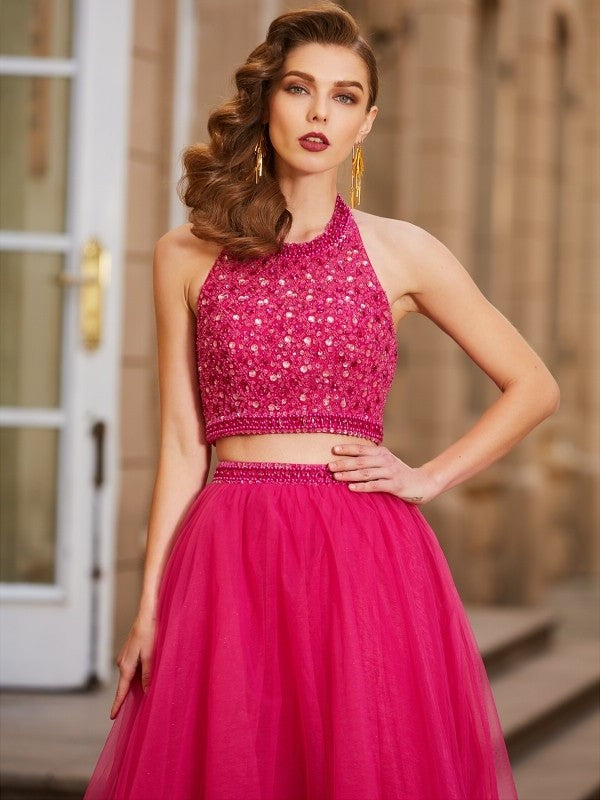 Floor-Length Halter Sleeveless Beading A-Line/Princess Tulle Two Piece Dresses