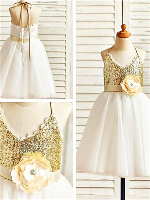 Sequin A-line/Princess Tulle Sleeveless Tea-Length Halter Flower Girl Dresses