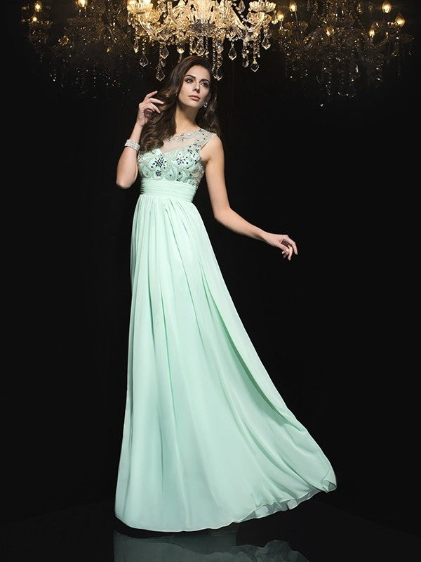 Sheer Sleeveless A-Line/Princess Neck Beading Long Chiffon Dresses