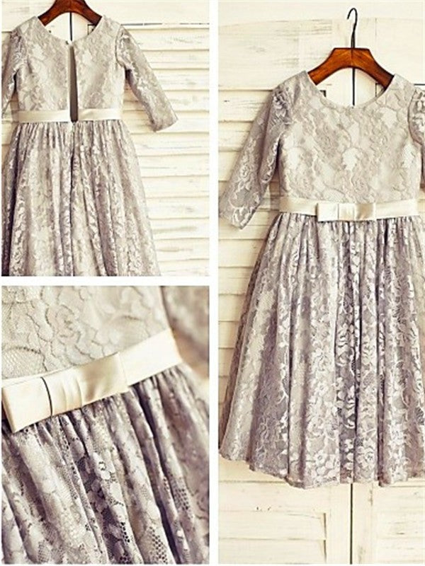 Scoop 3/4 Sleeves Lace A-line/Princess Tea-Length Flower Girl Dresses