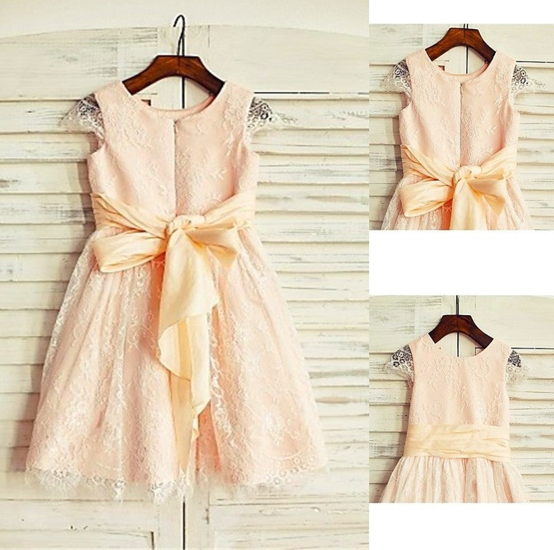 Short Scoop A-line/Princess Tea-Length Lace Sash/Ribbon/Belt Sleeves Flower Girl Dresses