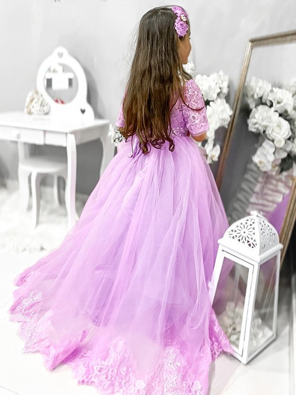 Train Off-the-Shoulder Sleeves Sweep/Brush Lace 1/2 Ball Tulle Gown Flower Girl Dresses