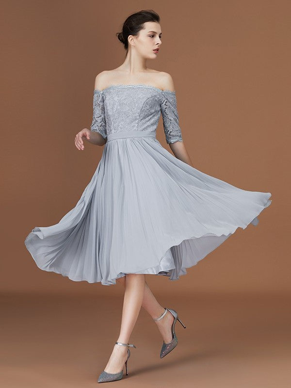 Off-the-Shoulder Short A-Line/Princess Sleeves Lace Tea-Length Chiffon Bridesmaid Dress