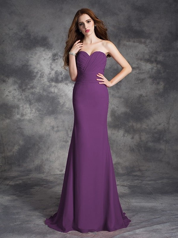 Sweetheart Sleeveless Long Ruched Trumpet/Mermaid Chiffon Bridesmaid Dresses