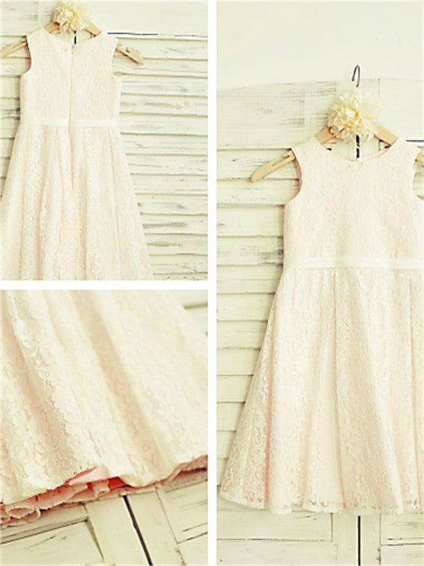 A-line/Princess Lace Tea-Length Jewel Sleeveless Flower Girl Dresses