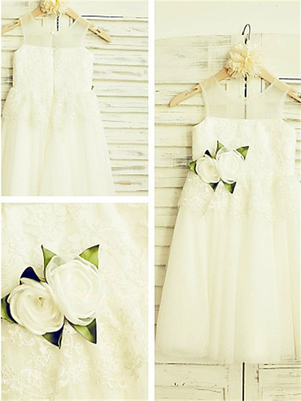 Tulle Hand-made Tea-Length A-line/Princess Straps Flower Sleeveless Flower Girl Dresses