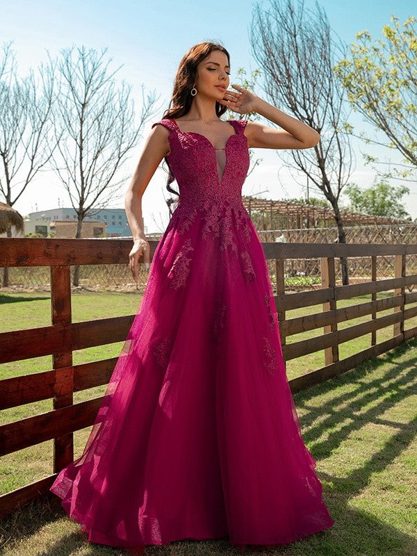 V-neck Tulle Applique A-Line/Princess Sleeveless Floor-Length Dresses