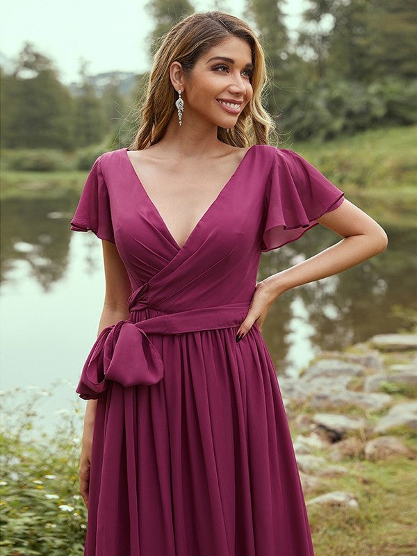 Sleeves Chiffon Ruffles Short A-Line/Princess V-neck Floor-Length Bridesmaid Dresses