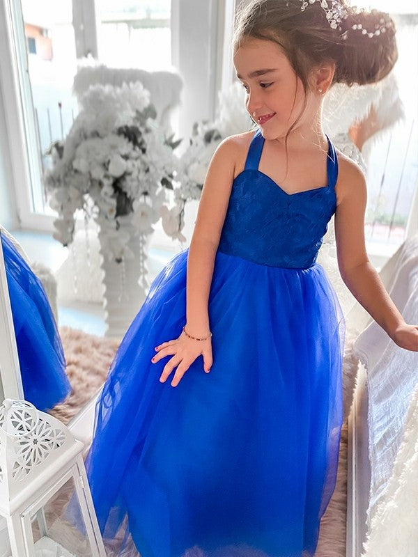 Sleeveless Tulle Halter Tea-Length A-Line/Princess Ruffles Flower Girl Dresses