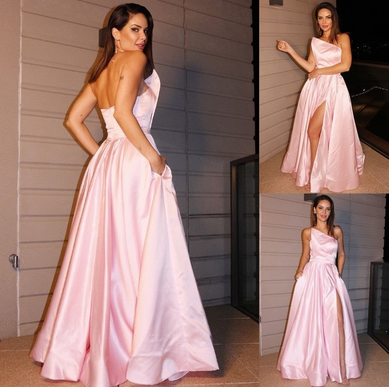 A-Line/Princess Satin Sleeveless Ruffles Strapless Floor-Length Dresses