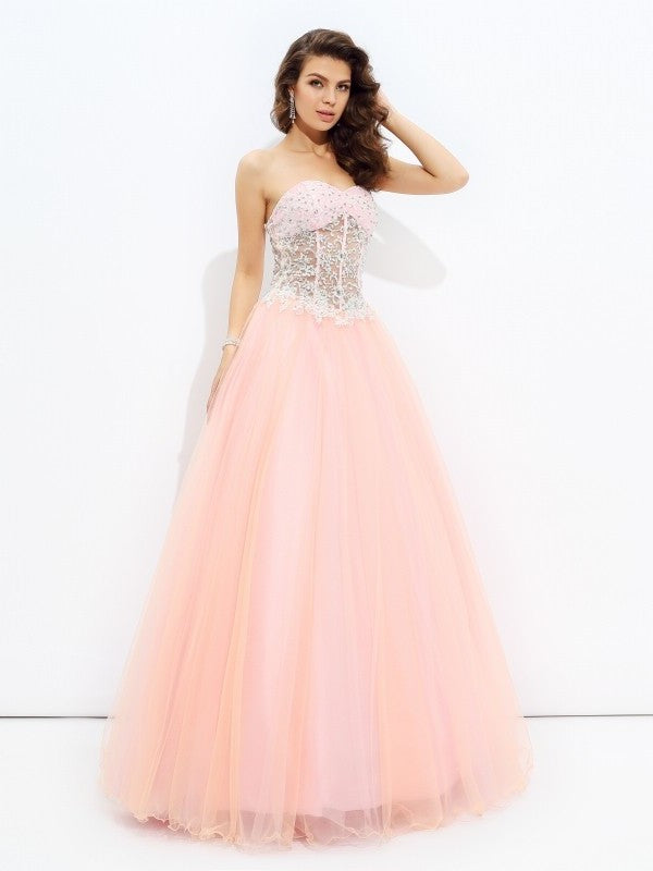 Sweetheart Sleeveless A-line/Princess Lace Long Net Dresses