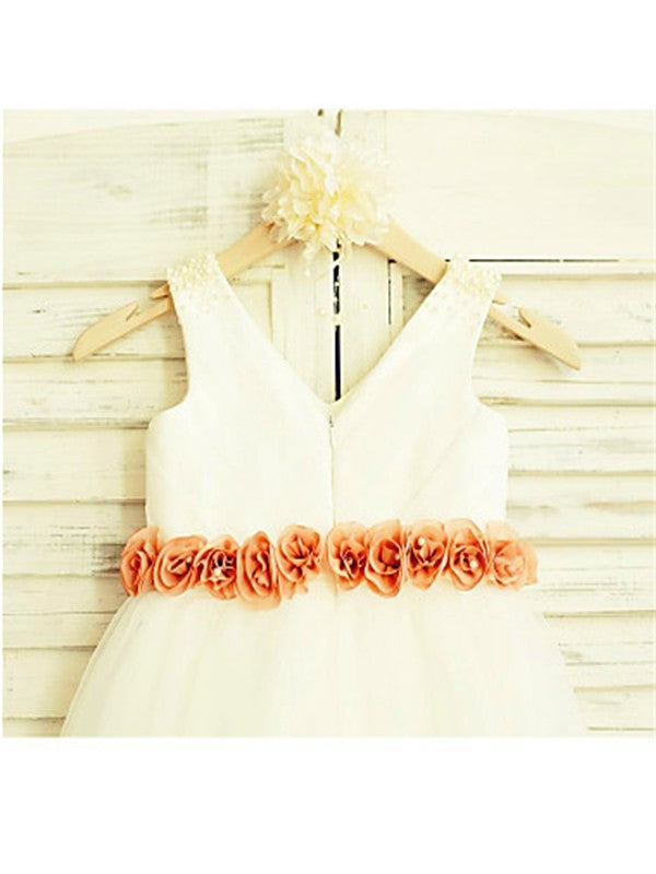 Tea-Length Tulle Sleeveless A-line/Princess Flower V-neck Hand-made Flower Girl Dresses