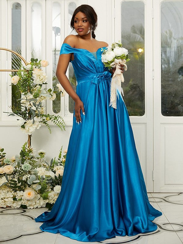 Sleeveless A-Line/Princess Ruffles Silk Off-the-Shoulder Satin Sweep/Brush like Train Bridesmaid Dresses