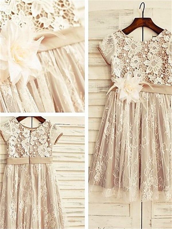 Short Scoop Sleeves Lace A-line/Princess Hand-made Flower Tea-Length Flower Girl Dresses