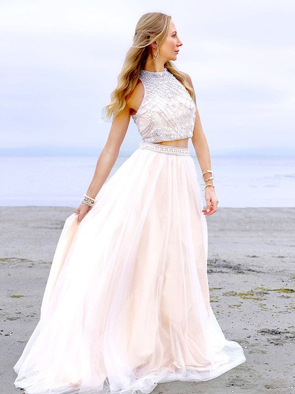 High Sleeveless Beading Tulle Floor-Length A-Line/Princess Neck Two Piece Dresses