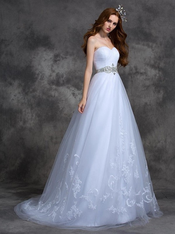 Beading A-line/Princess Long Sleeveless Sweetheart Satin Wedding Dresses