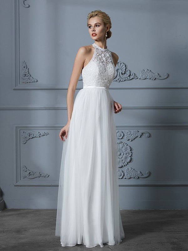 Sleeveless Scoop A-Line/Princess Tulle Floor-Length Wedding Dresses