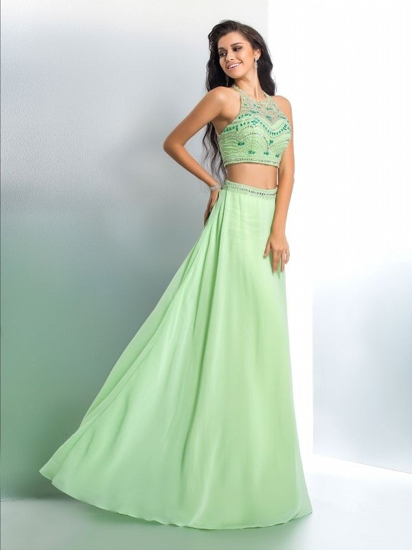 Chiffon Long Halter Beading Sleeveless A-Line/Princess Two Piece Dresses