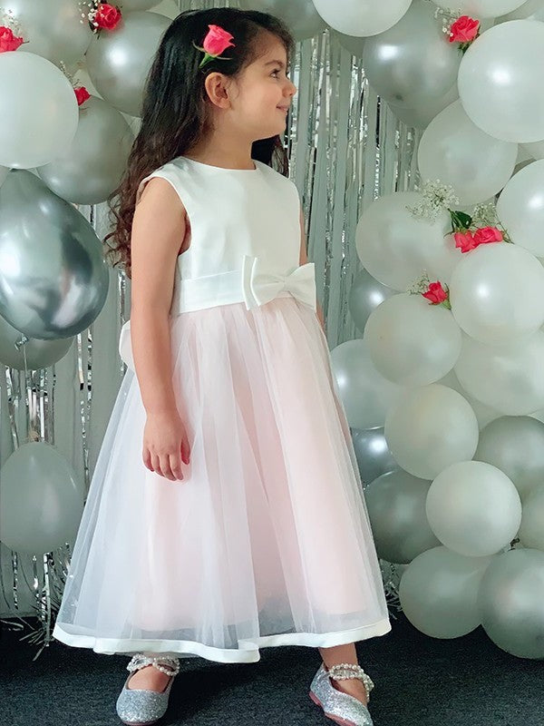 Organza Scoop Tea-Length A-Line/Princess Sleeveless Bowknot Flower Girl Dresses