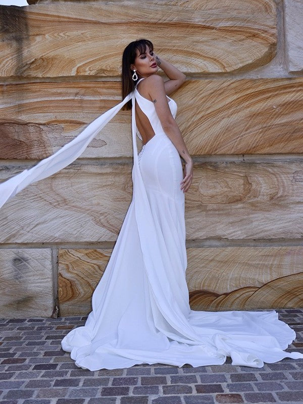 Stretch Ruffles Halter Court Trumpet/Mermaid Sleeveless Crepe Train Wedding Dresses