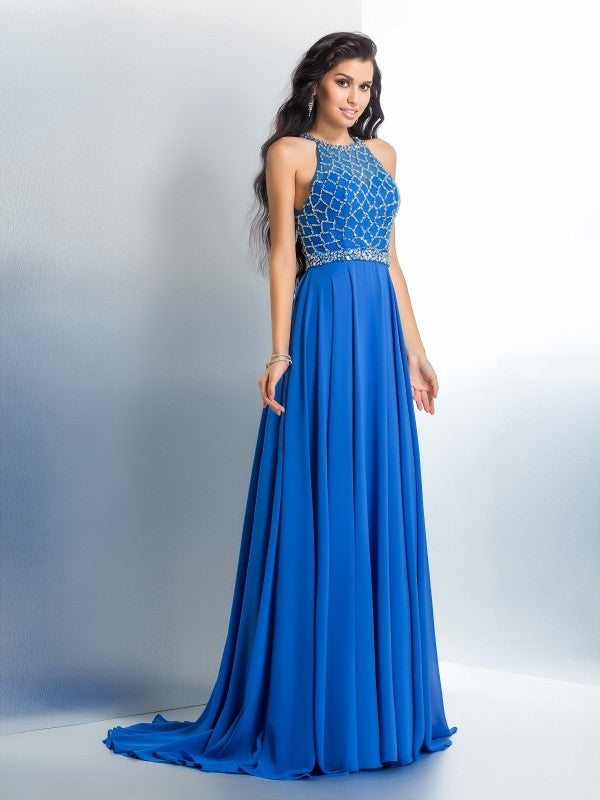 A-Line/Princess Beading Long Scoop Sleeveless Chiffon Dresses