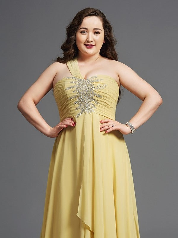 Chiffon Rhinestone A-Line/Princess Long Sleeveless One-Shoulder Plus Size Dresses