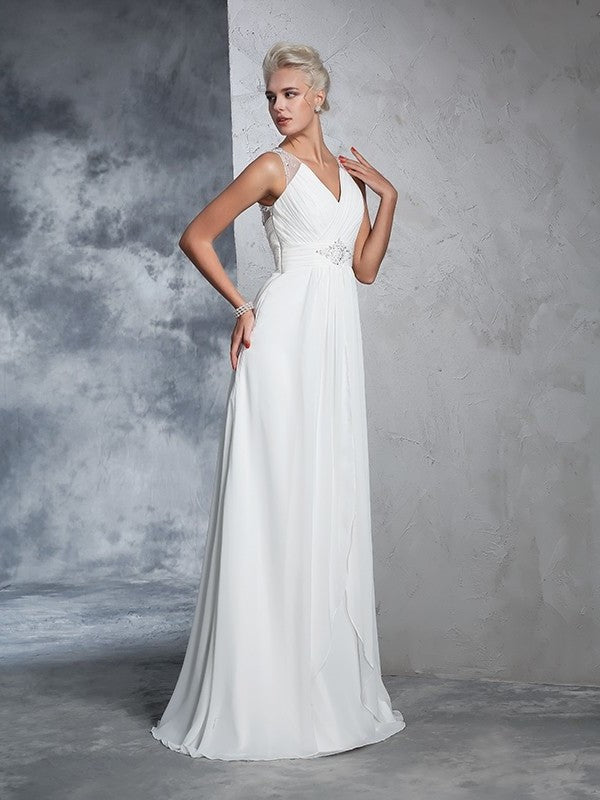 Sleeveless Ruched Long V-neck A-Line/Princess Chiffon Wedding Dresses