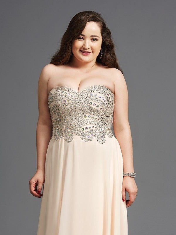 Rhinestone A-Line/Princess Sleeveless Chiffon Sweetheart Long Plus Size Dresses