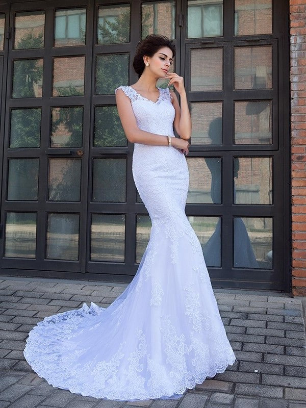 Trumpet/Mermaid Long V-neck Sleeveless Applique Satin Wedding Dresses