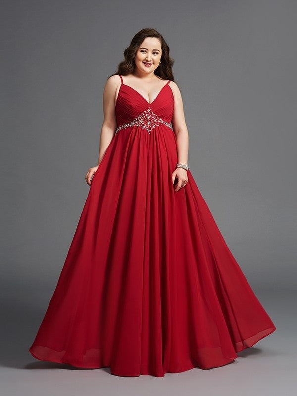 Straps Sleeveless Long Beading Chiffon Spaghetti A-Line/Princess Plus Size Dresses