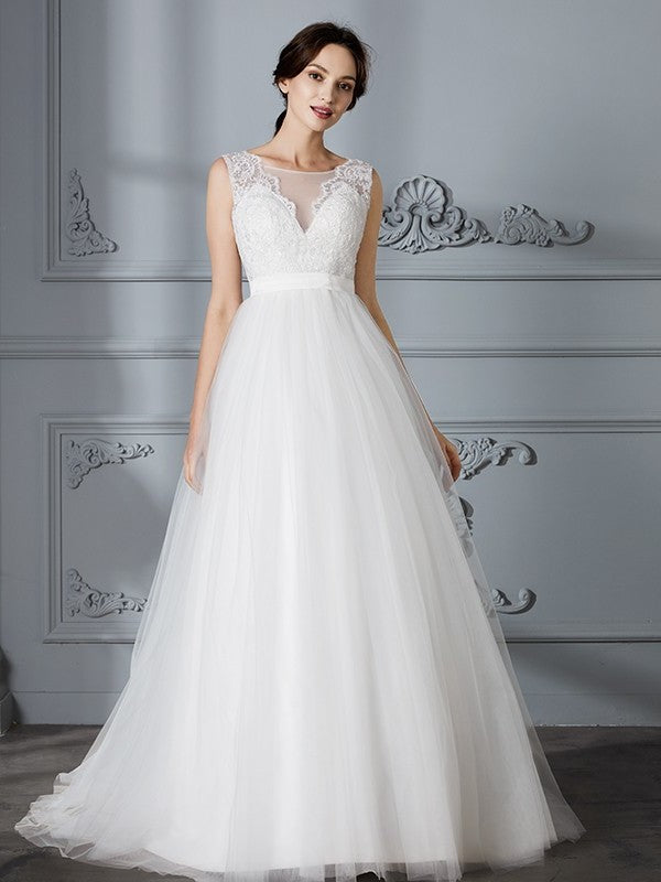 A-Line/Princess Train V-neck Sleeveless Sweep/Brush Tulle Wedding Dresses