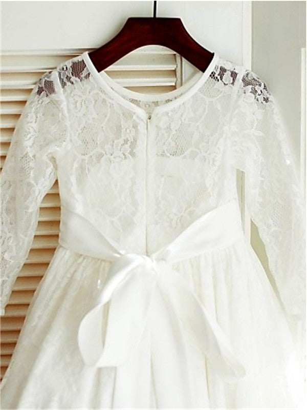 Sleeves Scoop Long Bowknot Lace A-line/Princess Ankle-Length Flower Girl Dresses