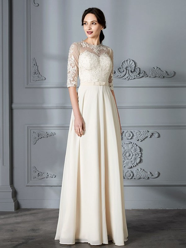 Sleeves A-Line/Princess Scoop Floor-Length 1/2 Chiffon Wedding Dresses