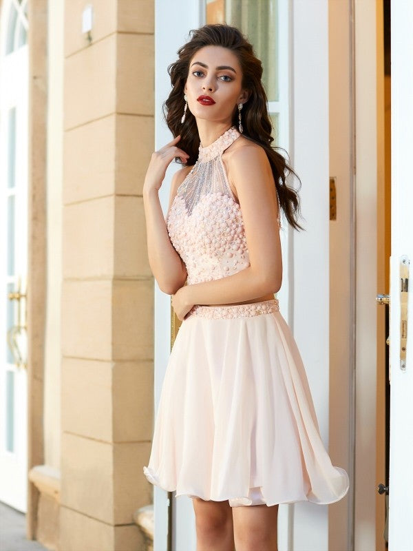 A-Line/Princess Halter Beading Sleeveless Amya Chiffon Short/Mini Homecoming Dresses Two Piece Dresses