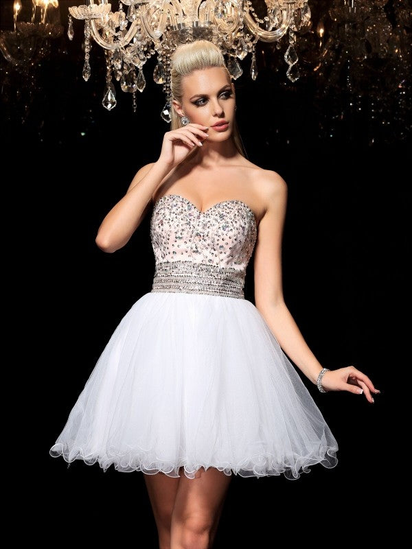 A-Line/Princess Sweetheart Beading Sleeveless Annabella Short Homecoming Dresses Net Cocktail Dresses