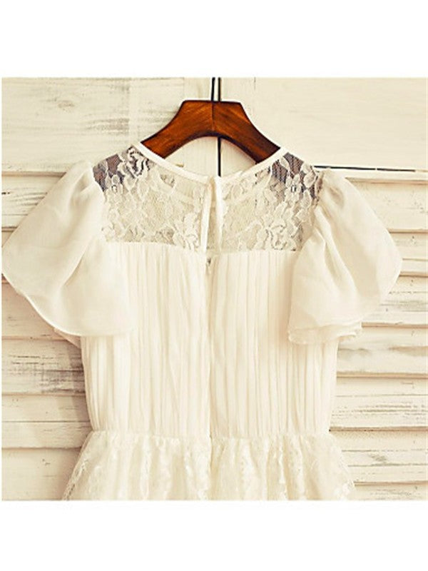 Short Scoop Lace Chiffon Tea-Length A-line/Princess Sleeves Flower Girl Dresses