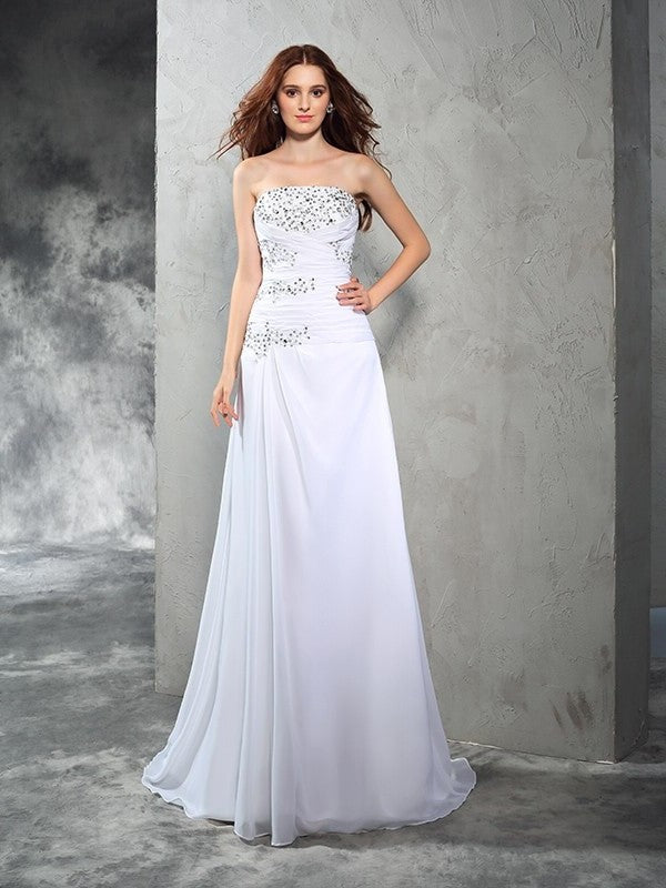 Sheath/Column Strapless Long Beading Sleeveless Chiffon Wedding Dresses