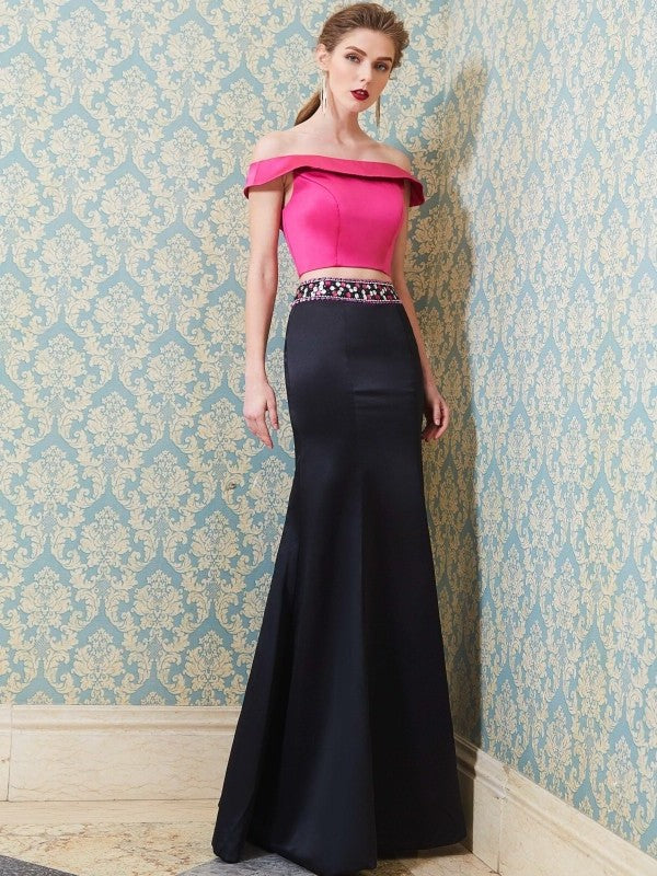 Off-the-Shoulder Trumpet/Mermaid Floor-Length Sleeveless Beading Satin Two Piece Dresses