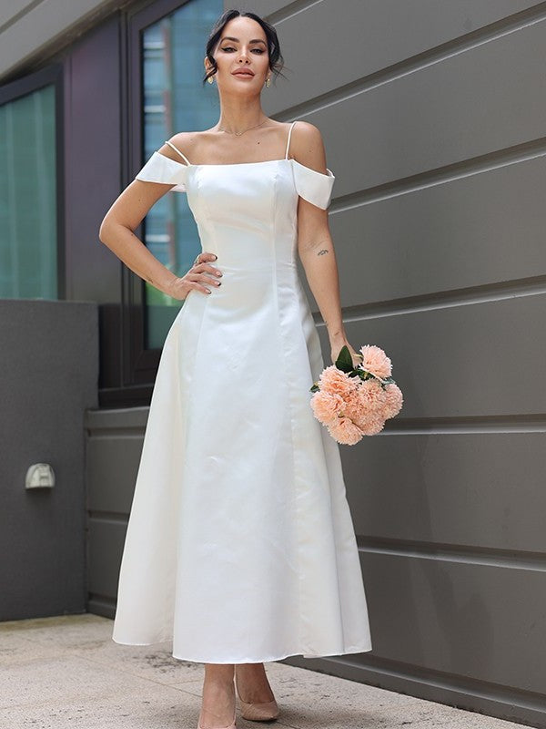 Sleeveless Spaghetti Satin Straps Ruffles A-Line/Princess Ankle-Length Wedding Dresses