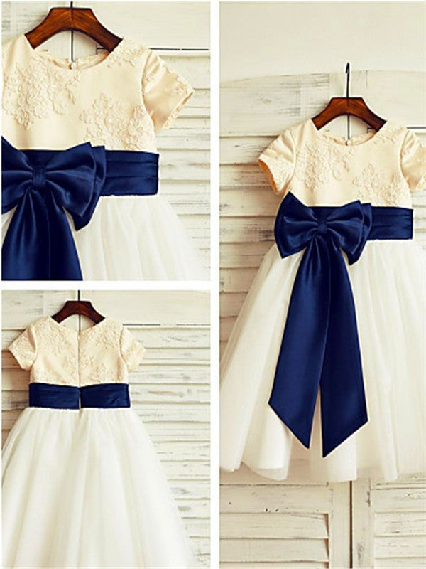 Scoop Tea-Length Short Sleeves A-line/Princess Tulle Bowknot Flower Girl Dresses