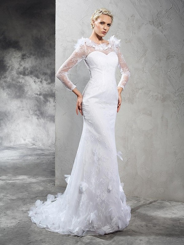 Hand-Made Long Long Sheer Neck Flower Sleeves Sheath/Column Satin Wedding Dresses